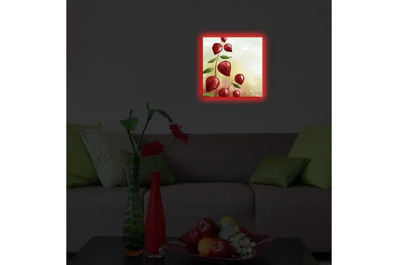 Canvas-taulu LED-valaistuksella 28x28 cm - Punainen kukanvarsi vihreillä lehdillä - Punainen / Vihreä - Sisustustuotteet - Taulu & taide - Canvas-taulu