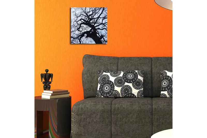 Canvas-taulu LED-valaistuksella 28x28 cm - Puun siluetti vaaleaa taustaa vasten - Musta / Sininen / Valkoinen - Sisustustuotteet - Taulu & taide - Canvas-taulu