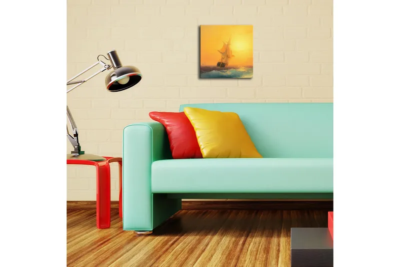 Canvas-taulu LED-valaistuksella 28x28 cm - Purjevene kimaltelevalla merellä auringonlaskun aikaan - Kulta / Sininen / Oranssi - Sisustustuotteet - Taulu & taide - Canvas-taulu