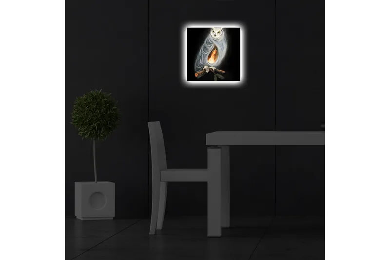 Canvas-taulu LED-valaistuksella 28x28 cm - Pöllö ja tuli ruumiinsa sisällä - Musta / Valkoinen / Oranssi - Sisustustuotteet - Taulu & taide - Canvas-taulu