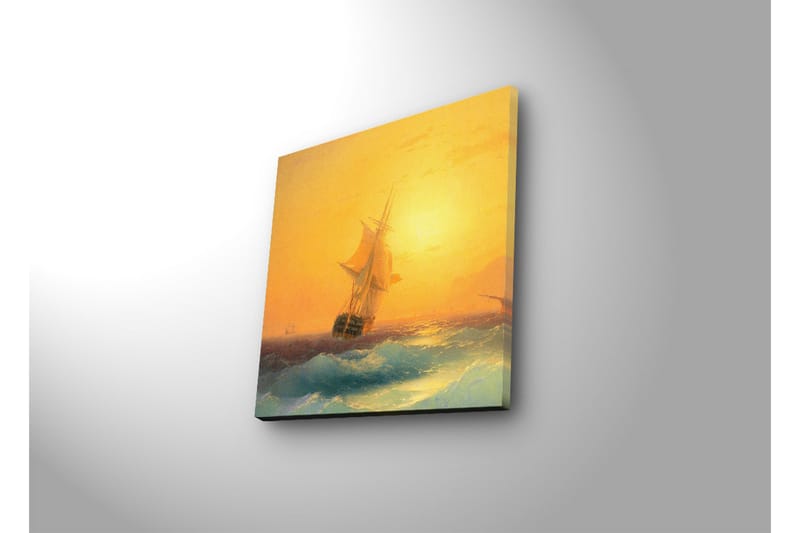 Canvas-taulu LED-valaistuksella 28x28 cm - Purjevene kimaltelevalla merellä auringonlaskun aikaan - Kulta / Sininen / Oranssi - Sisustustuotteet - Taulu & taide - Canvas-taulu