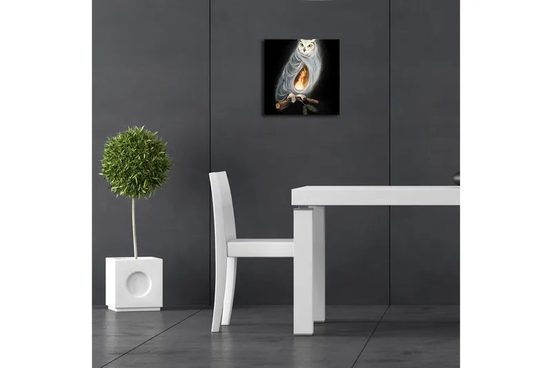 Canvas-taulu LED-valaistuksella 28x28 cm - Pöllö ja tuli ruumiinsa sisällä - Musta / Valkoinen / Oranssi - Sisustustuotteet - Taulu & taide - Canvas-taulu