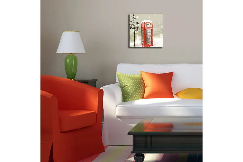 Canvas-taulu LED-valaistuksella 28x28 cm - Punainen puhelinkoppi lumisessa talvimaisemassa - Punainen / Harmaa / Valkoinen - Sisustustuotteet - Taulu & taide - Canvas-taulu