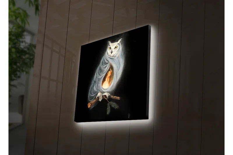 Canvas-taulu LED-valaistuksella 28x28 cm - Pöllö ja tuli ruumiinsa sisällä, Musta / Valkoinen / Oranssi