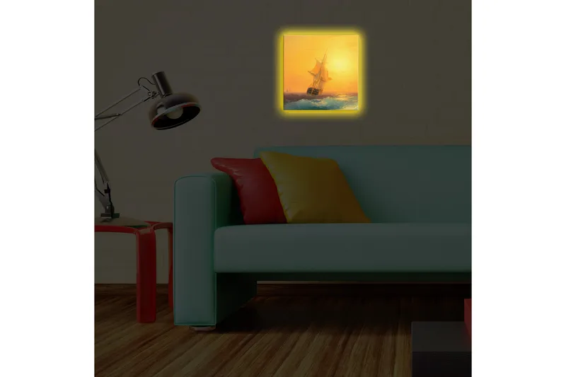 Canvas-taulu LED-valaistuksella 28x28 cm - Purjevene kimaltelevalla merellä auringonlaskun aikaan - Kulta / Sininen / Oranssi - Sisustustuotteet - Taulu & taide - Canvas-taulu