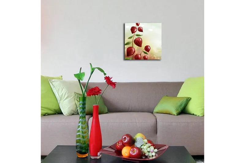 Canvas-taulu LED-valaistuksella 28x28 cm - Punainen kukanvarsi vihreillä lehdillä - Punainen / Vihreä - Sisustustuotteet - Taulu & taide - Canvas-taulu