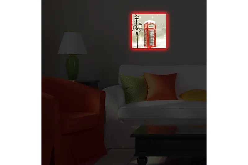 Canvas-taulu LED-valaistuksella 28x28 cm - Punainen puhelinkoppi lumisessa talvimaisemassa - Punainen / Harmaa / Valkoinen - Sisustustuotteet - Taulu & taide - Canvas-taulu