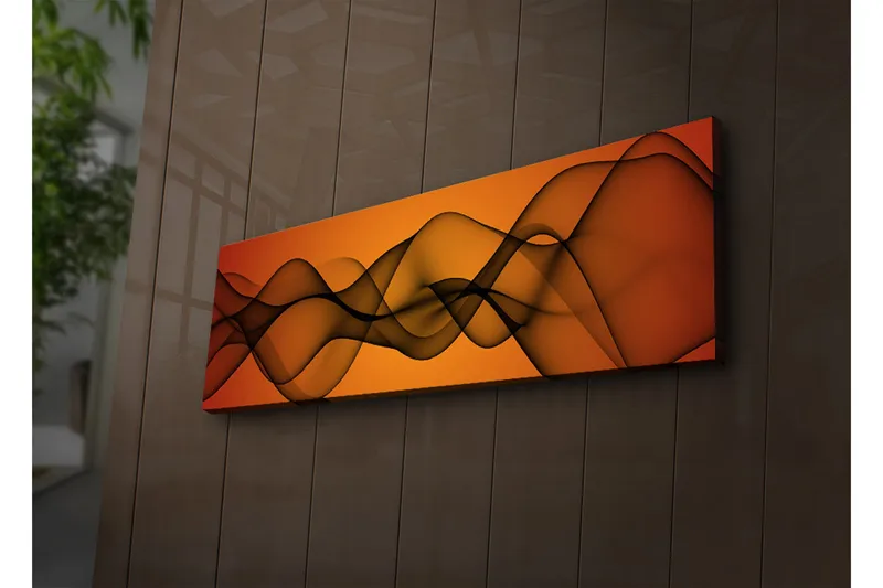 Canvas-taulu LED-valaistuksella 30x90 cm - Abstrakti sommitelma laajoilla viivoilla lämpimin sävyin, Oranssi / Musta