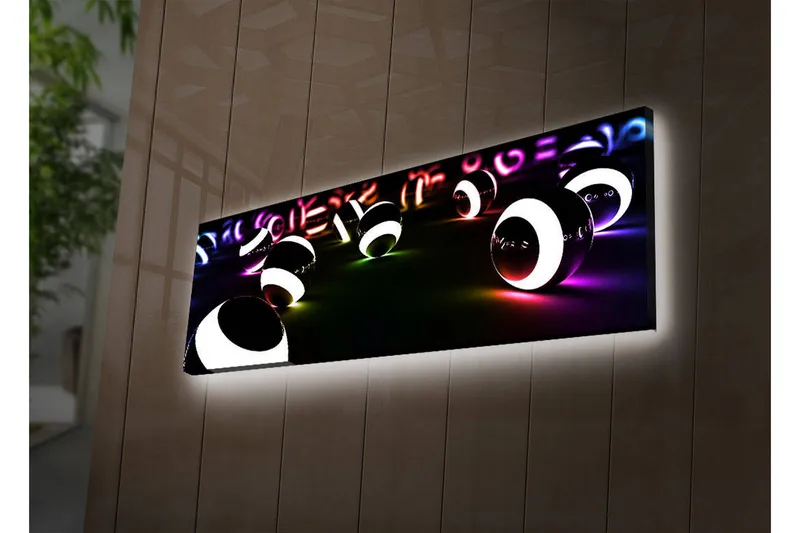 Canvas-taulu LED-valaistuksella 30x90 cm - Abstrakti sommitelma mustavalkoisilla palloilla, Musta / Valkoinen / Violetti
