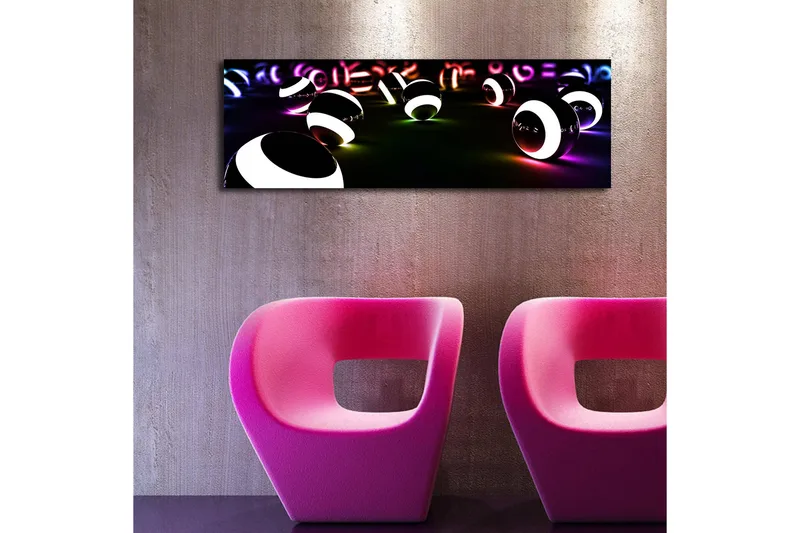 Canvas-taulu LED-valaistuksella 30x90 cm - Abstrakti sommitelma mustavalkoisilla palloilla - Musta / Valkoinen / Violetti - Sisustustuotteet - Taulu & taide - Canvas-taulu