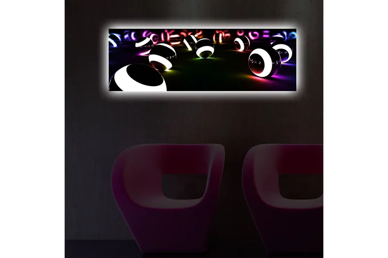 Canvas-taulu LED-valaistuksella 30x90 cm - Abstrakti sommitelma mustavalkoisilla palloilla - Musta / Valkoinen / Violetti - Sisustustuotteet - Taulu & taide - Canvas-taulu