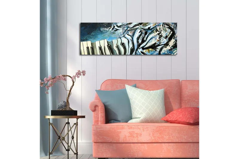 Canvas-taulu LED-valaistuksella 30x90 cm - Abstrakti sommitelma pianon koskettimilla ja sinisillä sävyillä - Sininen / Musta / Valkoinen - Sisustustuotteet - Taulu & taide - Canvas-taulu