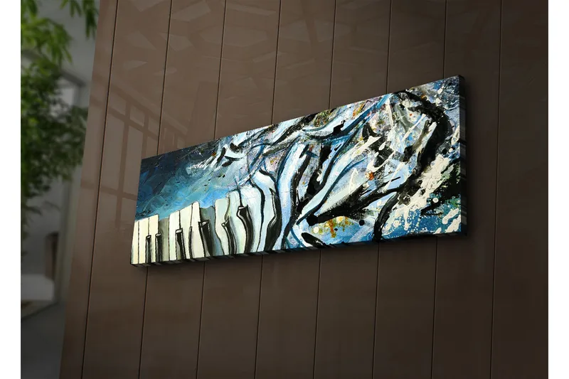 Canvas-taulu LED-valaistuksella 30x90 cm - Abstrakti sommitelma pianon koskettimilla ja sinisillä sävyillä - Sininen / Musta / Valkoinen - Sisustustuotteet - Taulu & taide - Canvas-taulu