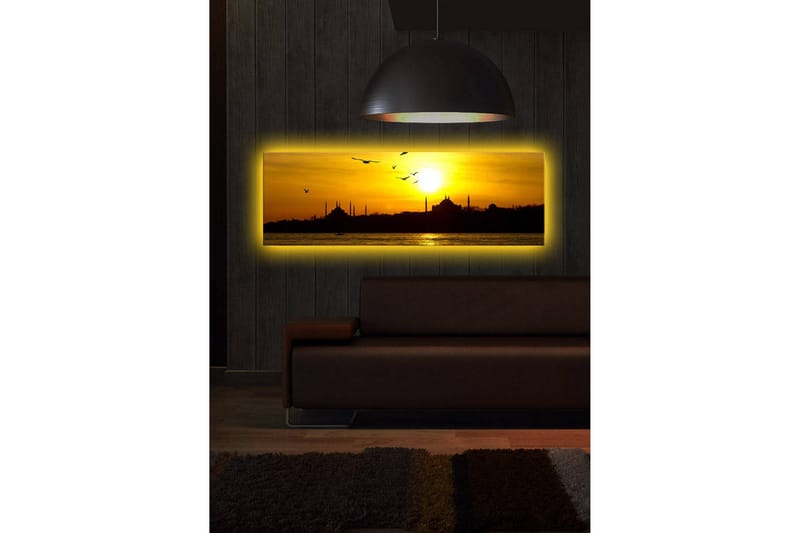 Canvas-taulu LED-valaistuksella 30x90 cm - Auringonlasku kaupungin siluetin yllä lennossa olevien lintujen kanssa - Kulta / Musta / Oranssi - Sisustustuotteet - Taulu & taide - Canvas-taulu