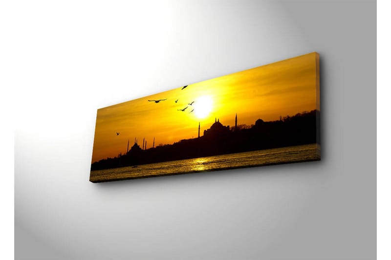 Canvas-taulu LED-valaistuksella 30x90 cm - Auringonlasku kaupungin siluetin yllä lennossa olevien lintujen kanssa - Kulta / Musta / Oranssi - Sisustustuotteet - Taulu & taide - Canvas-taulu