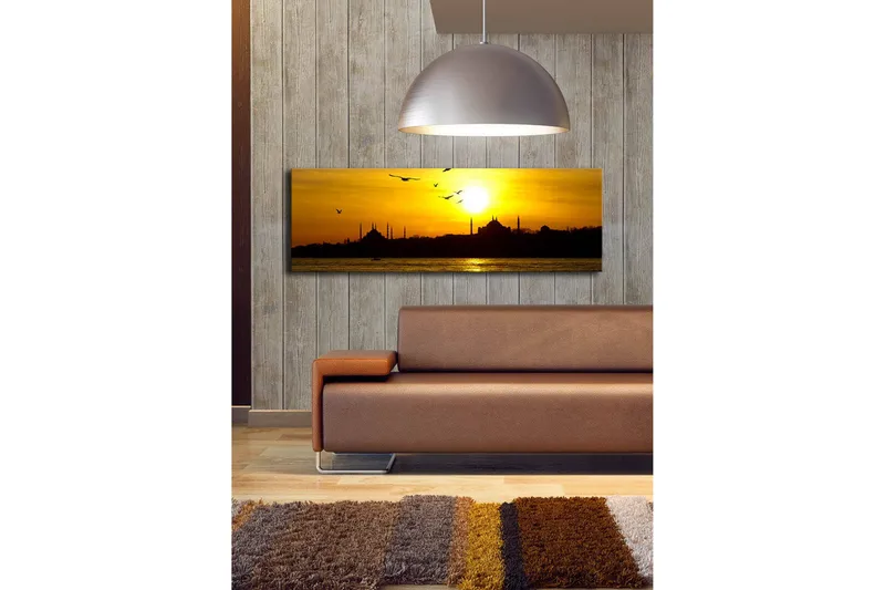 Canvas-taulu LED-valaistuksella 30x90 cm - Auringonlasku kaupungin siluetin yllä lennossa olevien lintujen kanssa - Kulta / Musta / Oranssi - Sisustustuotteet - Taulu & taide - Canvas-taulu