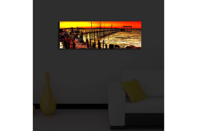 Canvas-taulu LED-valaistuksella 30x90 cm - Auringonlasku laiturin yllä meren rannalla - Oranssi / Kulta / Sininen - Sisustustuotteet - Taulu & taide - Canvas-taulu