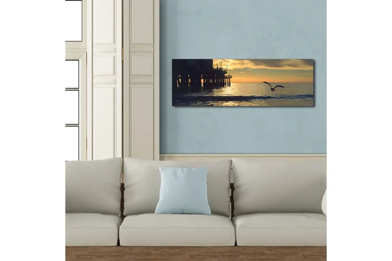 Canvas-taulu LED-valaistuksella 30x90 cm - Auringonlasku meren yllä lennossa olevan linnun kanssa - Oranssi / Sininen / Harmaa - Sisustustuotteet - Taulu & taide - Canvas-taulu