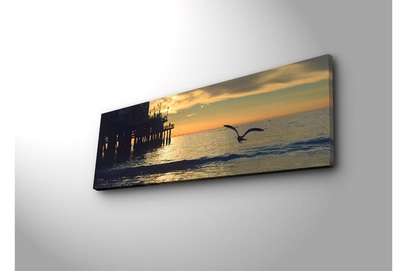 Canvas-taulu LED-valaistuksella 30x90 cm - Auringonlasku meren yllä lennossa olevan linnun kanssa - Oranssi / Sininen / Harmaa - Sisustustuotteet - Taulu & taide - Canvas-taulu