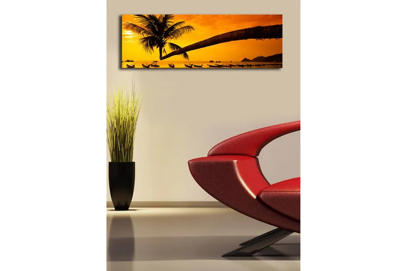 Canvas-taulu LED-valaistuksella 30x90 cm - Auringonlasku rannalla, palmuja ja veneitä - Oranssi / Musta / Keltainen - Sisustustuotteet - Taulu & taide - Canvas-taulu