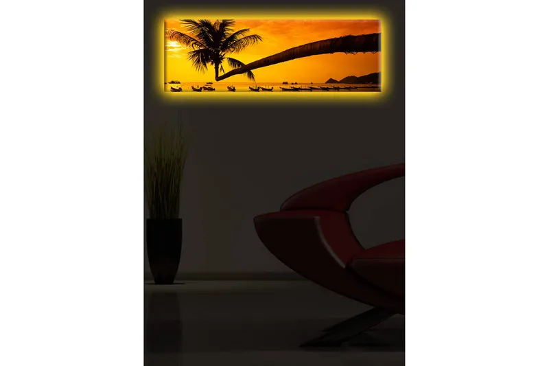 Canvas-taulu LED-valaistuksella 30x90 cm - Auringonlasku rannalla, palmuja ja veneitä - Oranssi / Musta / Keltainen - Sisustustuotteet - Taulu & taide - Canvas-taulu