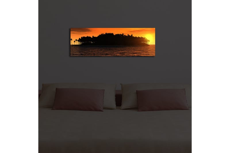 Canvas-taulu LED-valaistuksella 30x90 cm - Auringonlasku trooppisen saaren ja palmujen yllä - Oranssi / Musta / Kulta - Sisustustuotteet - Taulu & taide - Canvas-taulu