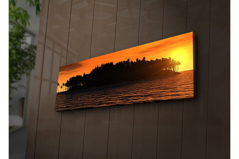 Canvas-taulu LED-valaistuksella 30x90 cm - Auringonlasku trooppisen saaren ja palmujen yllä - Oranssi / Musta / Kulta - Sisustustuotteet - Taulu & taide - Canvas-taulu