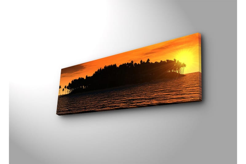 Canvas-taulu LED-valaistuksella 30x90 cm - Auringonlasku trooppisen saaren ja palmujen yllä - Oranssi / Musta / Kulta - Sisustustuotteet - Taulu & taide - Canvas-taulu