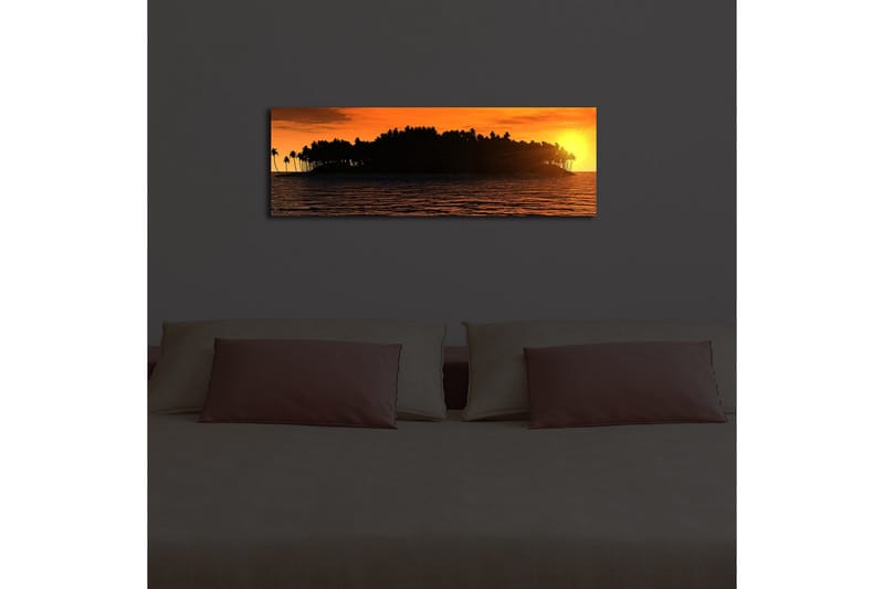 Canvas-taulu LED-valaistuksella 30x90 cm - Auringonlasku trooppisen saaren ja palmujen yllä - Oranssi / Musta / Kulta - Sisustustuotteet - Taulu & taide - Canvas-taulu