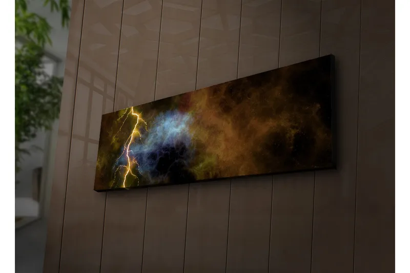 Canvas-taulu LED-valaistuksella 30x90 cm - Dramaattinen kosminen maisema salamoilla ja väriräjähdyksillä - Kulta / Sininen / Musta - Sisustustuotteet - Taulu & taide - Canvas-taulu