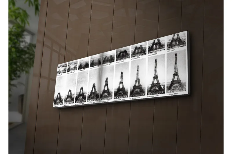 Canvas-taulu LED-valaistuksella 30x90 cm - Eiffel-tornin historiallinen mustavalkoinen sarja, Musta / Valkoinen