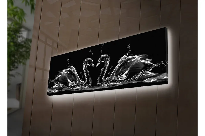 Canvas-taulu LED-valaistuksella 30x90 cm - Elegantit joutsenet veden liikkeessä, Musta / Valkoinen / Harmaa