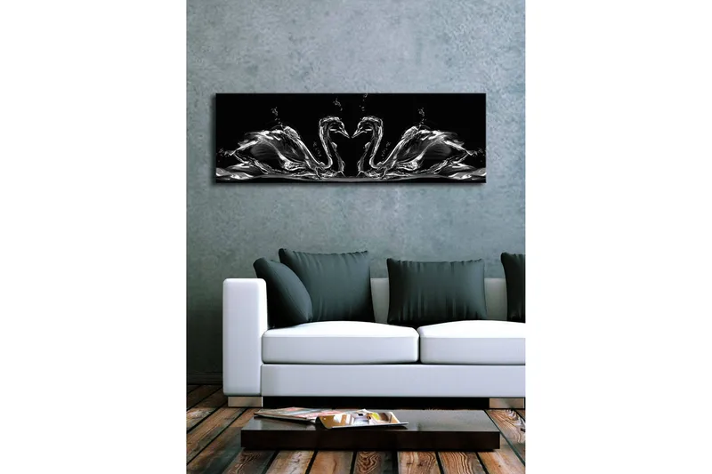 Canvas-taulu LED-valaistuksella 30x90 cm - Elegantit joutsenet veden liikkeessä - Musta / Valkoinen / Harmaa - Sisustustuotteet - Taulu & taide - Canvas-taulu