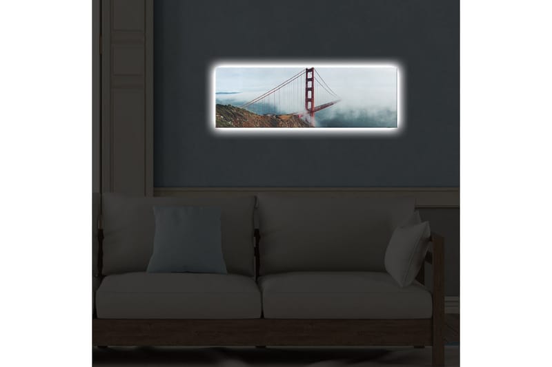Canvas-taulu LED-valaistuksella 30x90 cm - Golden Gate -silta sumun ja meren ympäröimänä - Punainen / Harmaa / Sininen - Sisustustuotteet - Taulu & taide - Canvas-taulu