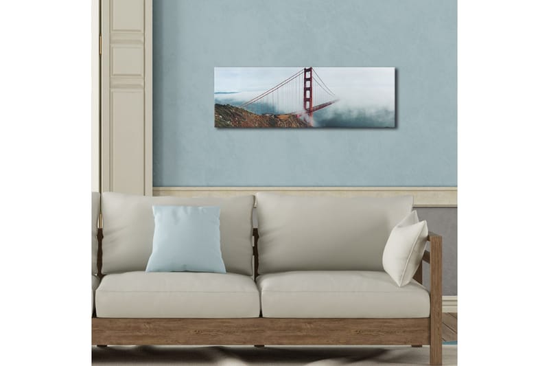 Canvas-taulu LED-valaistuksella 30x90 cm - Golden Gate -silta sumun ja meren ympäröimänä - Punainen / Harmaa / Sininen - Sisustustuotteet - Taulu & taide - Canvas-taulu