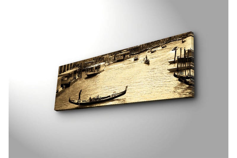 Canvas-taulu LED-valaistuksella 30x90 cm - Gondoli peilimäisellä kanavalla kaupunkiympäristössä - Kulta / Ruskea / Musta - Sisustustuotteet - Taulu & taide - Canvas-taulu
