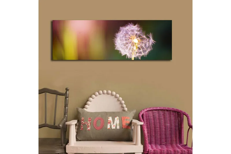 Canvas-taulu LED-valaistuksella 30x90 cm - Höyhenmäinen voikukka pehmeillä värisiirtymillä - Violetti / Keltainen / Vihreä - Sisustustuotteet - Taulu & taide - Canvas-taulu