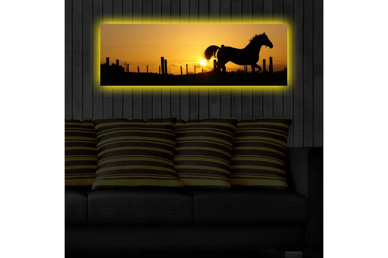 Canvas-taulu LED-valaistuksella 30x90 cm - Hevosen siluetti laukkaa auringonlaskun aikaan - Tummanruskea / Oranssi / Keltainen - Sisustustuotteet - Taulu & taide - Canvas-taulu