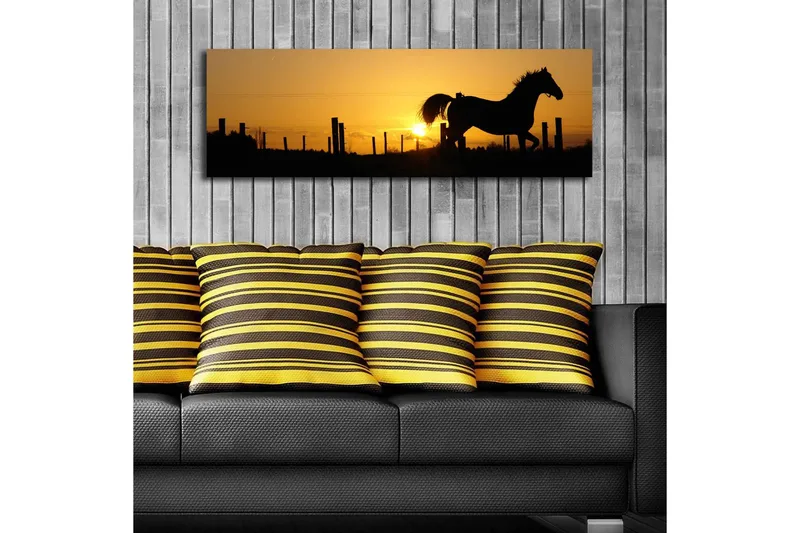 Canvas-taulu LED-valaistuksella 30x90 cm - Hevosen siluetti laukkaa auringonlaskun aikaan - Tummanruskea / Oranssi / Keltainen - Sisustustuotteet - Taulu & taide - Canvas-taulu