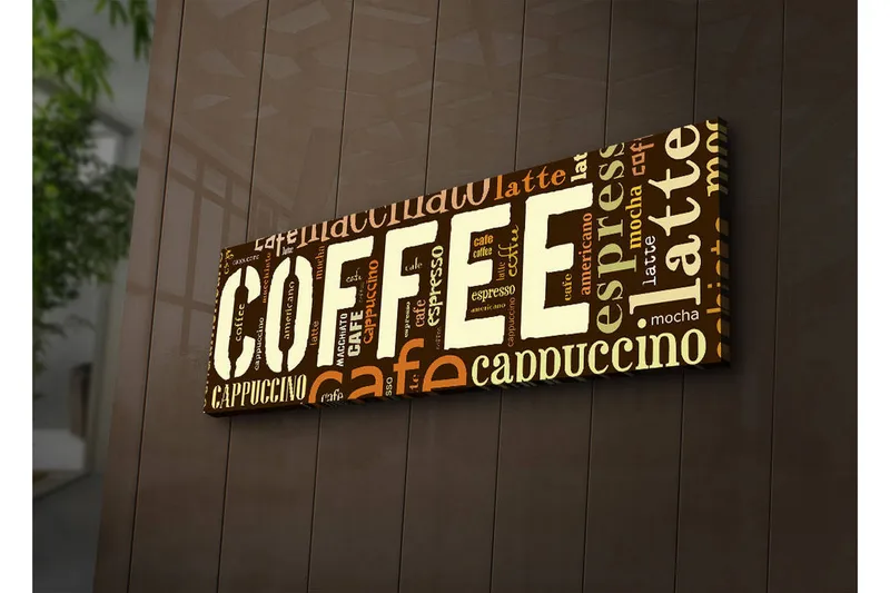Canvas-taulu LED-valaistuksella 30x90 cm - Kahvista inspiroitunut taideteos, jossa on erilaisia kahvitermejä typografiassa, Tummanruskea / Vaaleanruskea / Beige