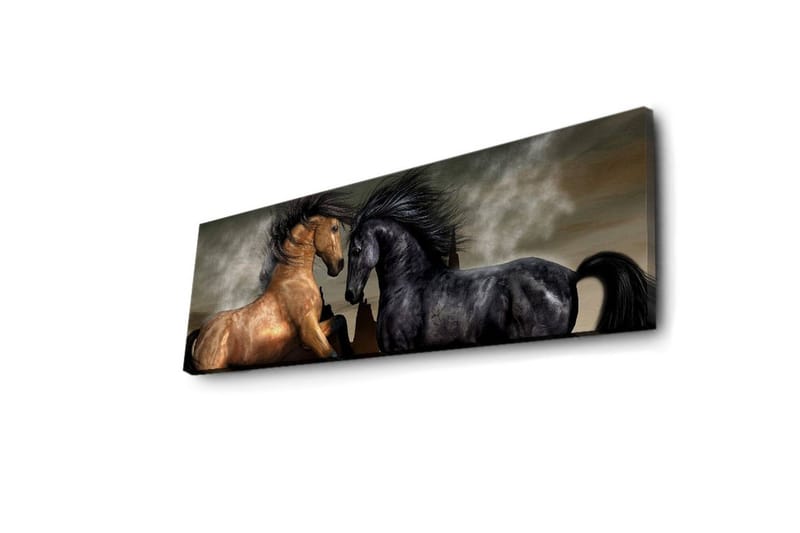 Canvas-taulu LED-valaistuksella 30x90 cm - Kaksi hevosta kohtaavat voimakkaassa ja dramaattisessa sommitelmassa - Kulta / Musta / Harmaa - Sisustustuotteet - Taulu & taide - Canvas-taulu