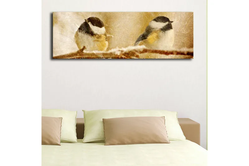 Canvas-taulu LED-valaistuksella 30x90 cm - Kaksi lintua oksalla talvimaisemassa - Beige / Musta / Valkoinen - Sisustustuotteet - Taulu & taide - Canvas-taulu