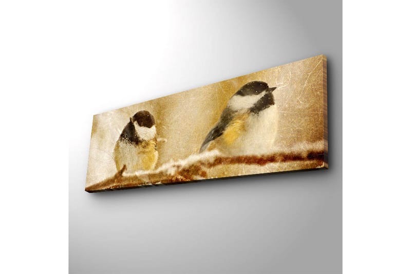 Canvas-taulu LED-valaistuksella 30x90 cm - Kaksi lintua oksalla talvimaisemassa - Beige / Musta / Valkoinen - Sisustustuotteet - Taulu & taide - Canvas-taulu