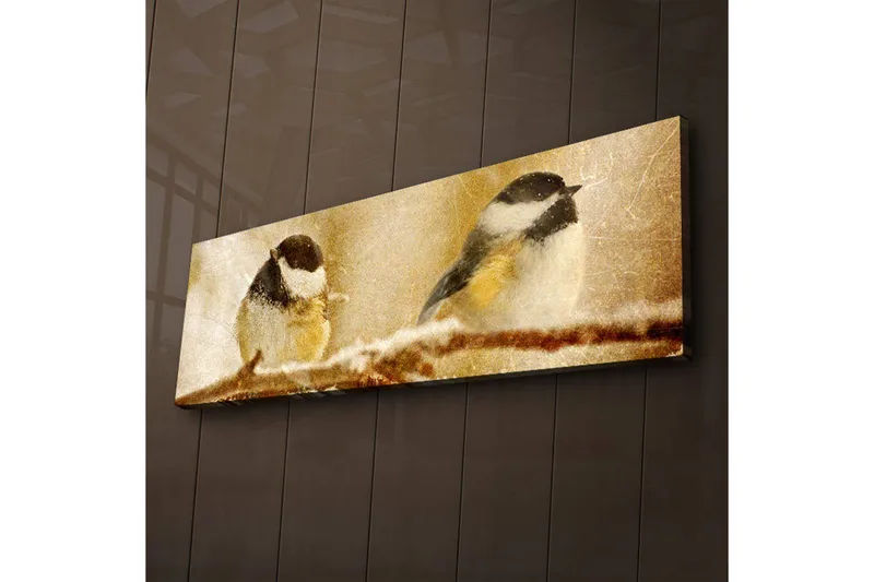 Canvas-taulu LED-valaistuksella 30x90 cm - Kaksi lintua oksalla talvimaisemassa, Beige / Musta / Valkoinen
