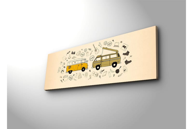 Canvas-taulu LED-valaistuksella 30x90 cm - Kaksi vintage-pakettiautoa erilaisten symbolien ja kuvakkeiden ympäröimänä - Keltainen / Beige / Musta - Sisustustuotteet - Taulu & taide - Canvas-taulu