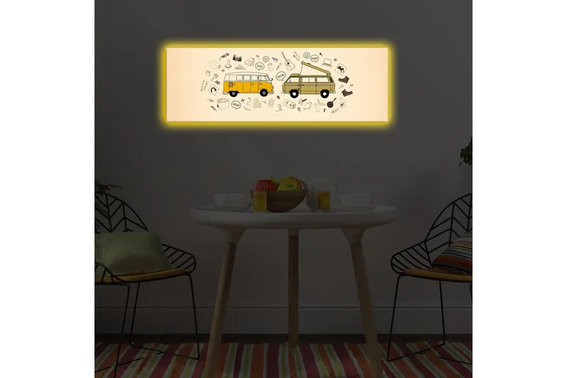 Canvas-taulu LED-valaistuksella 30x90 cm - Kaksi vintage-pakettiautoa erilaisten symbolien ja kuvakkeiden ympäröimänä - Keltainen / Beige / Musta - Sisustustuotteet - Taulu & taide - Canvas-taulu