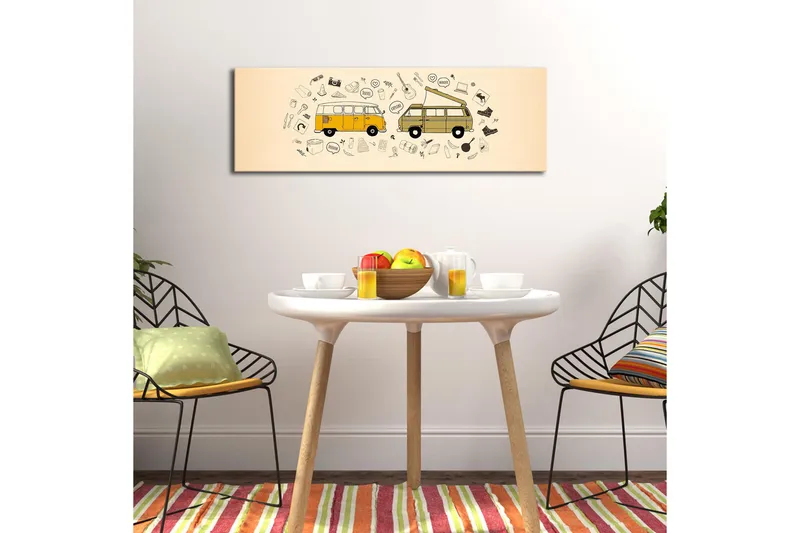 Canvas-taulu LED-valaistuksella 30x90 cm - Kaksi vintage-pakettiautoa erilaisten symbolien ja kuvakkeiden ympäröimänä - Keltainen / Beige / Musta - Sisustustuotteet - Taulu & taide - Canvas-taulu