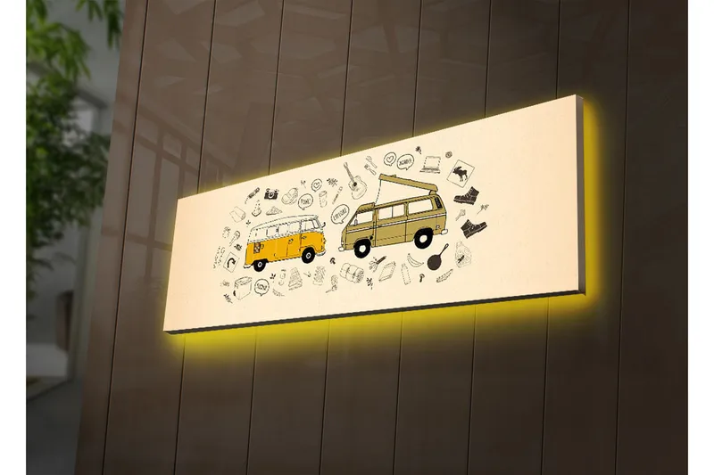 Canvas-taulu LED-valaistuksella 30x90 cm - Kaksi vintage-pakettiautoa erilaisten symbolien ja kuvakkeiden ympäröimänä, Keltainen / Beige / Musta