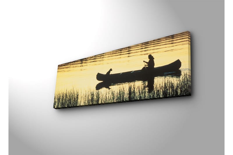 Canvas-taulu LED-valaistuksella 30x90 cm - Kanootin siluetti, ihminen ja koira auringonlaskun valossa - Kulta / Musta - Sisustustuotteet - Taulu & taide - Canvas-taulu