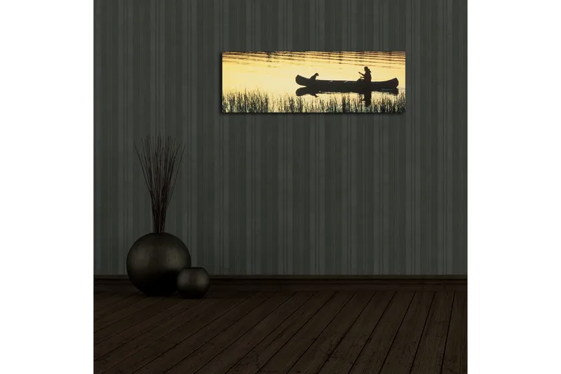 Canvas-taulu LED-valaistuksella 30x90 cm - Kanootin siluetti, ihminen ja koira auringonlaskun valossa - Kulta / Musta - Sisustustuotteet - Taulu & taide - Canvas-taulu
